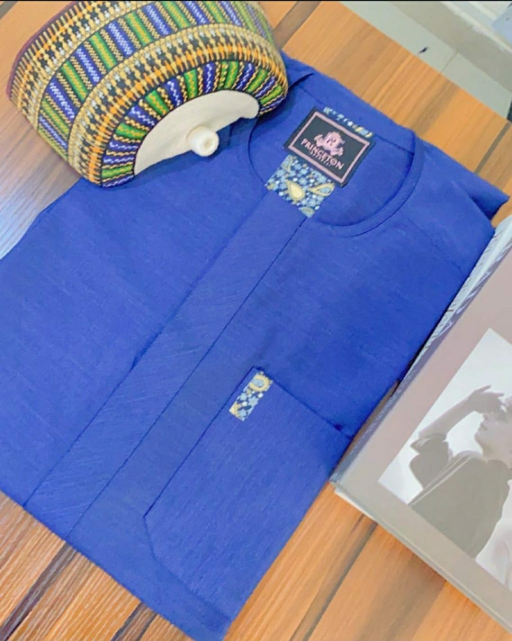 Striped Light Blue Fabric with YSL Book